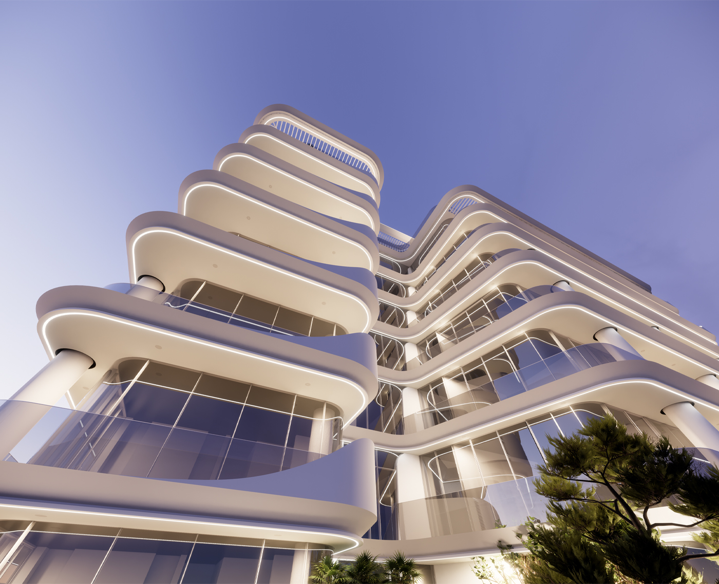 Modern multi-story building with curved balconies and glass railings under a clear twilight sky.