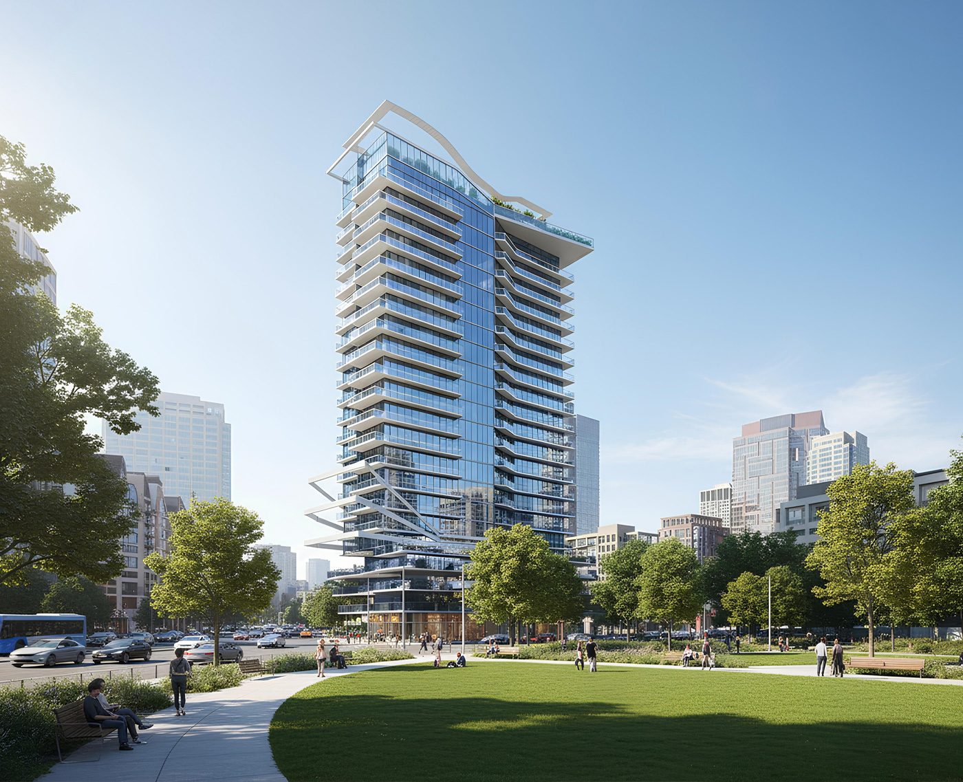 Modern glass high-rise building overlooking a green park with people walking and sitting on benches under a clear sky.