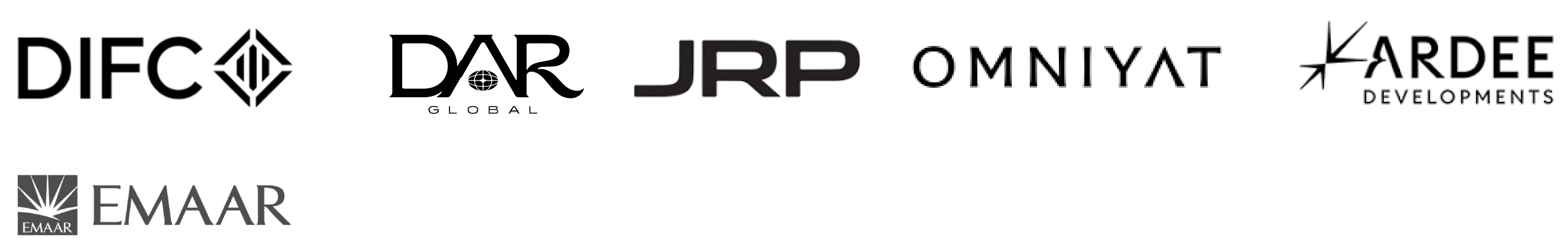 Logos of DIFC, DAR Global, JRP, Omniyat, Ardee Developments, and Emaar.
