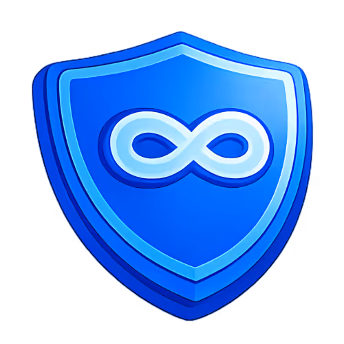 Blue shield with a white infinity symbol in the center, representing protection or unlimited security.