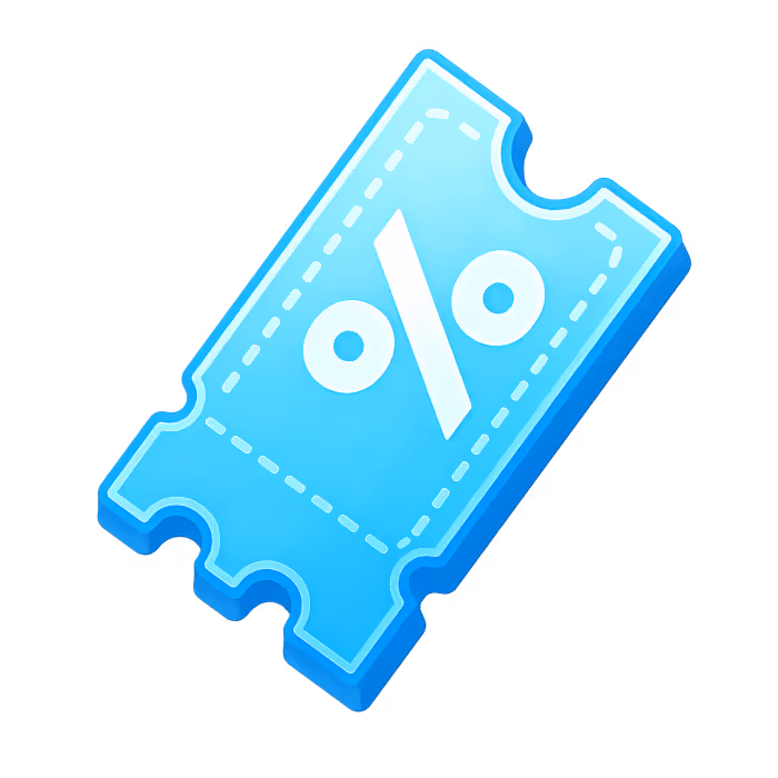 Blue ticket icon with a white percentage symbol representing discount or offer.