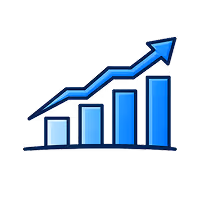 Blue bar graph with an upward trending arrow indicating growth or increase.