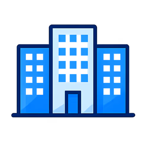 Blue stylized icon of a three-section office building with multiple windows and a central entrance.