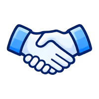 Blue and white cartoon-style handshake symbolizing partnership or agreement.