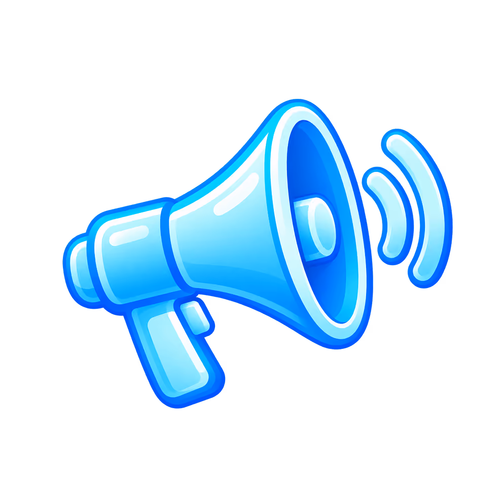 Blue megaphone icon with sound waves emitting from the front.