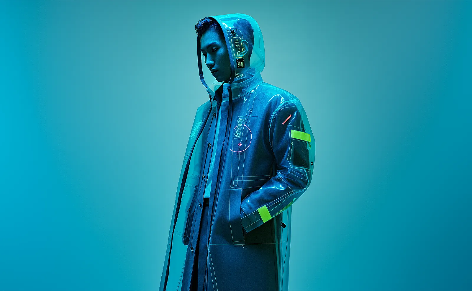 man with neon blue green background