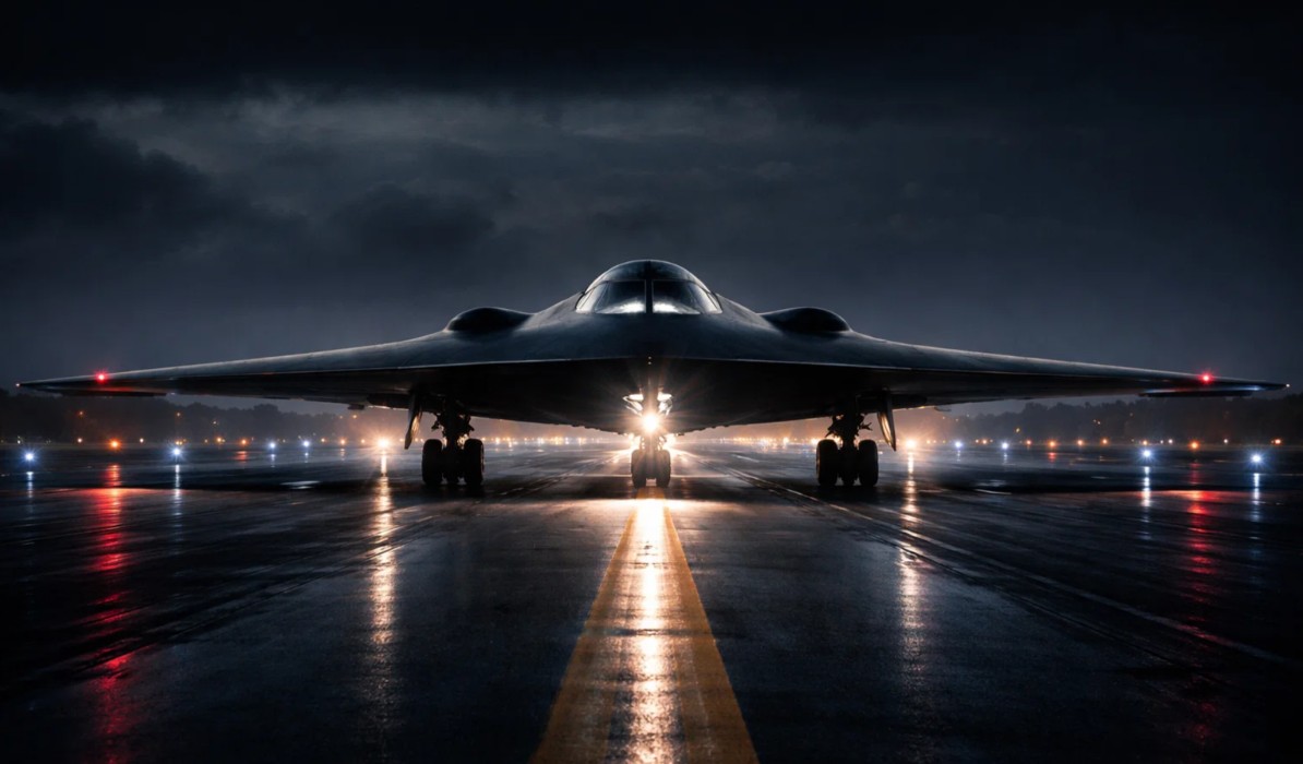 Fighter jet taking off from runway with mountains and trees in the background during sunset.