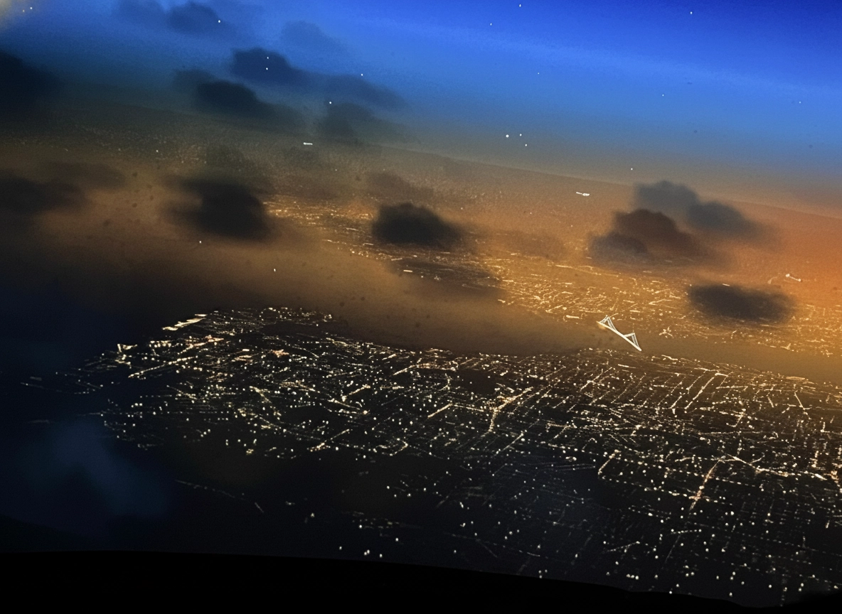 Aerial night view of a city with illuminated streets under a blue and orange sky with scattered dark clouds.