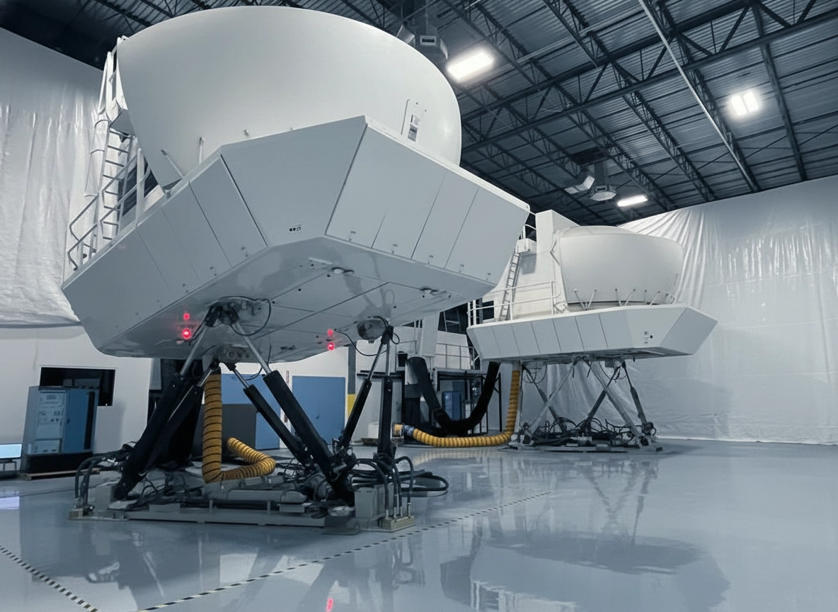 Two large white flight simulator cockpits mounted on hydraulic legs inside a spacious, industrial room.