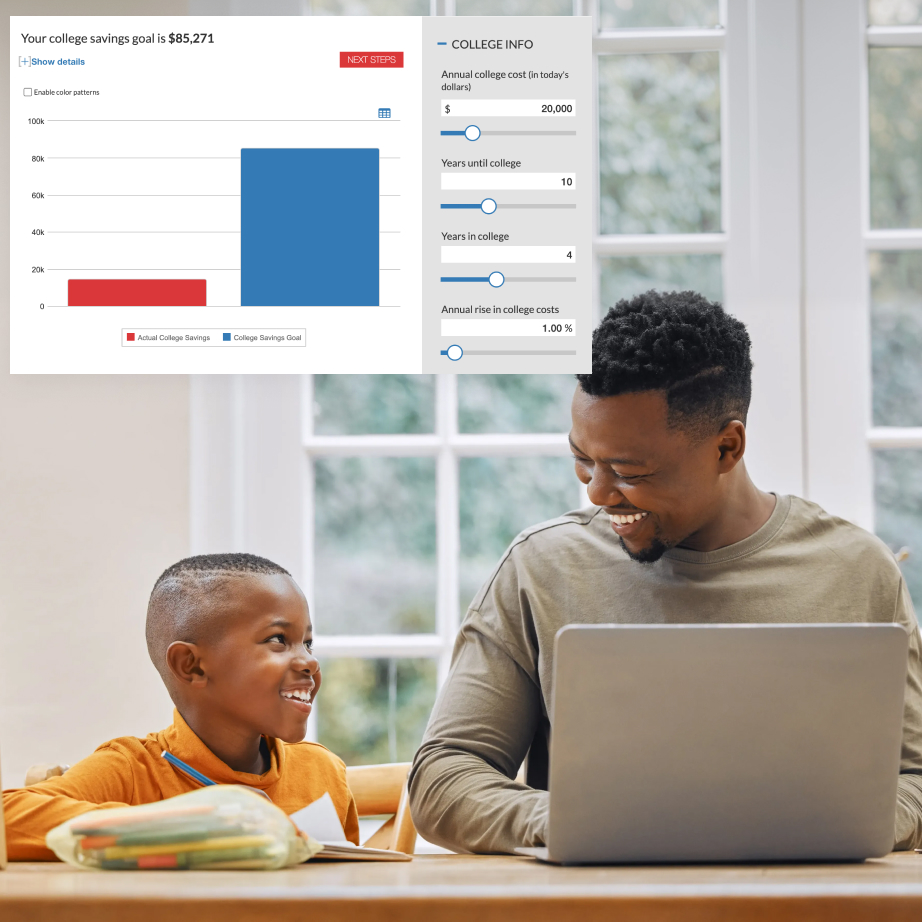 Leadfusion SmartCalc college savings calculator on a bank website with a projected savings goal chart