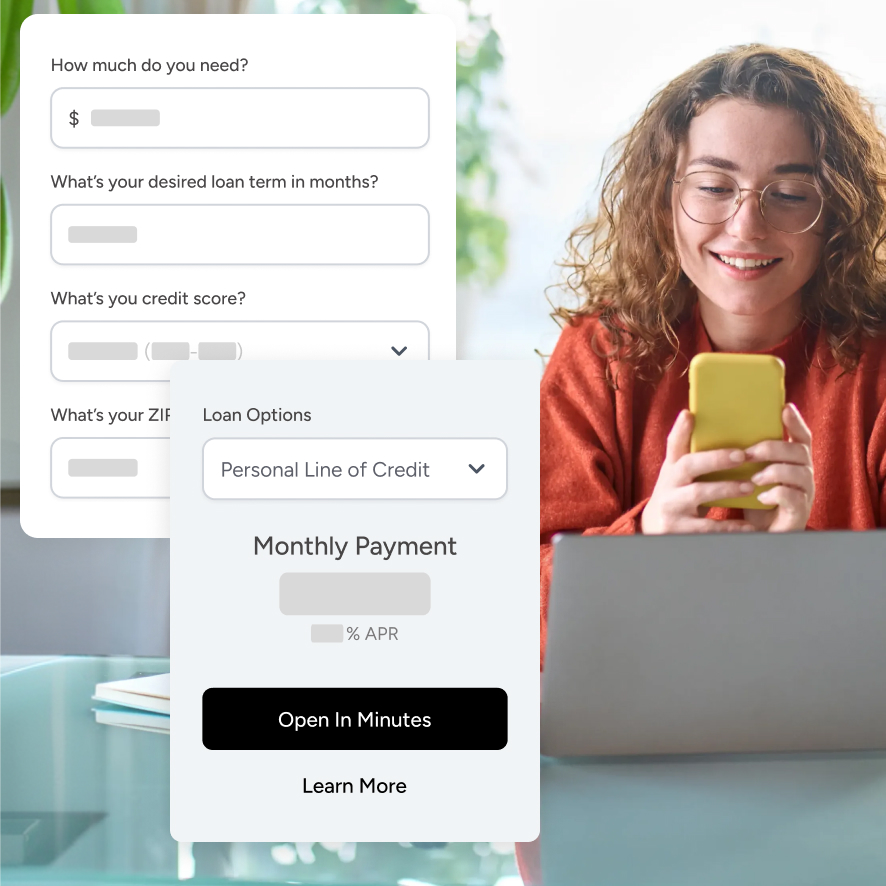 Leadfusion personal loan calculator on a bank website showing loan amount, term, and estimated monthly payment