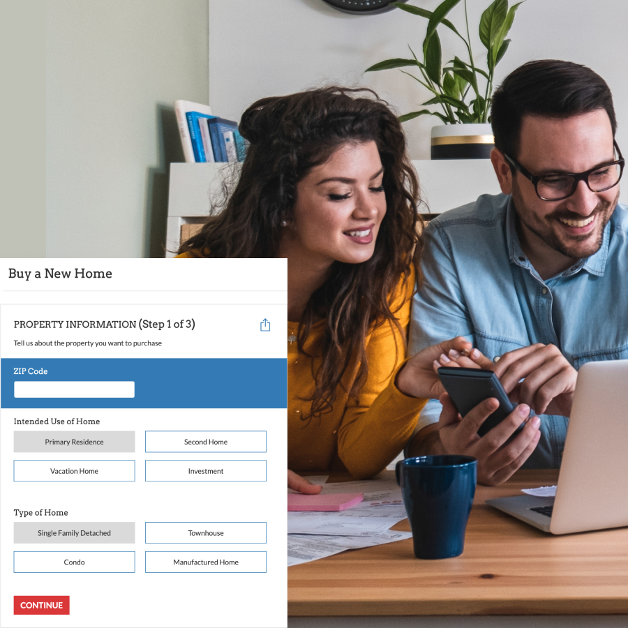 Leadfusion SmartSelect Pro guiding a website visitor through a home-purchase mortgage selection