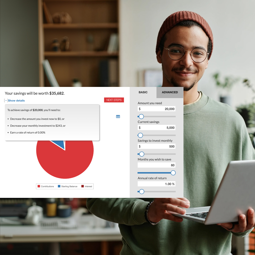 Leadfusion SmartCalc savings goal calculator on a bank website showing a personalized projection