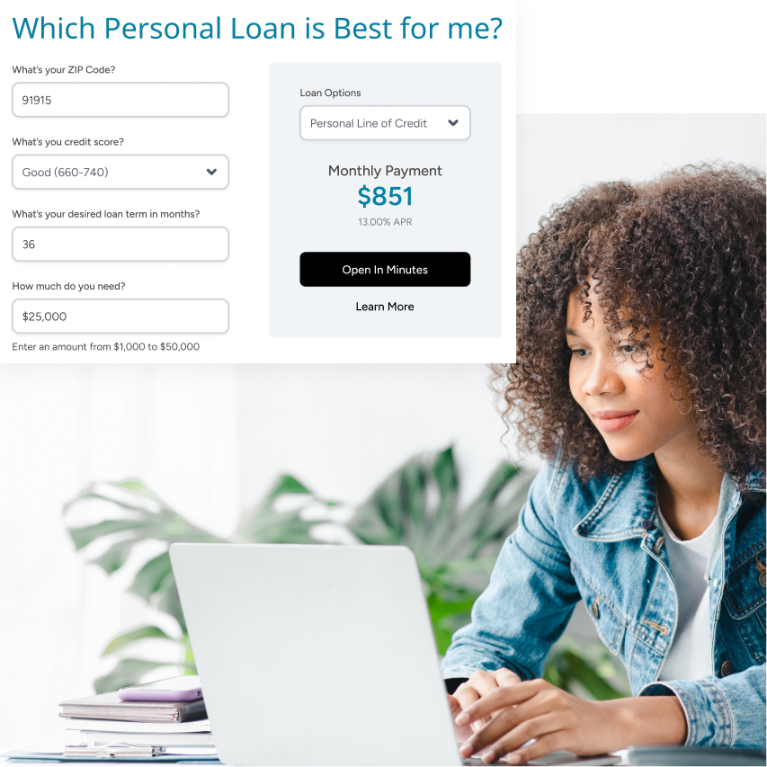 Leadfusion SmartSelect recommending a personal loan with an estimated monthly payment on a bank website