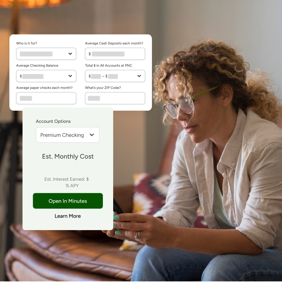 Leadfusion checking account selector on a bank website comparing account options and estimated monthly cost