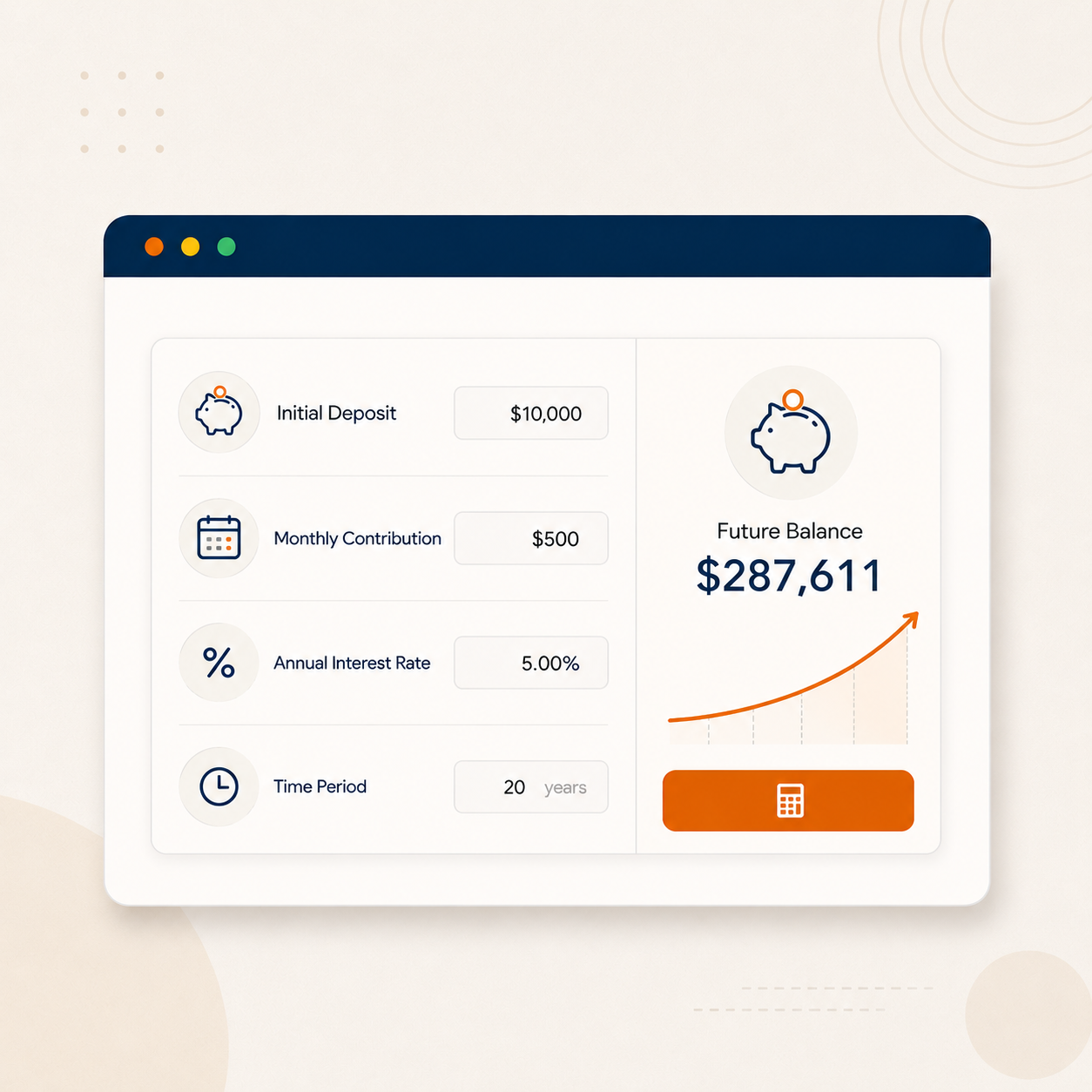 Illustration of a Leadfusion savings calculator projecting a future balance from monthly contributions