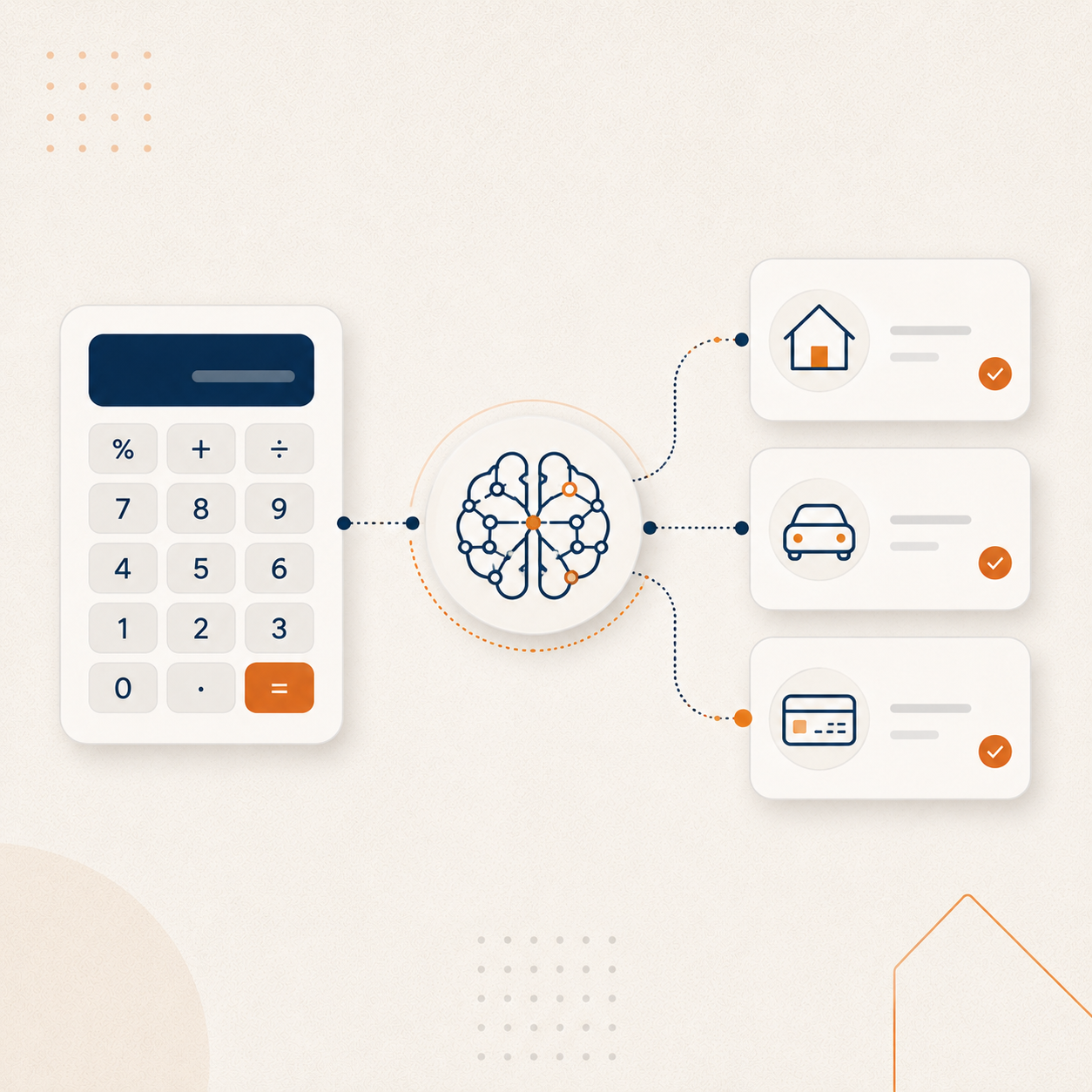 Illustration of a calculator linked by an AI network to home, auto, and credit card product matches