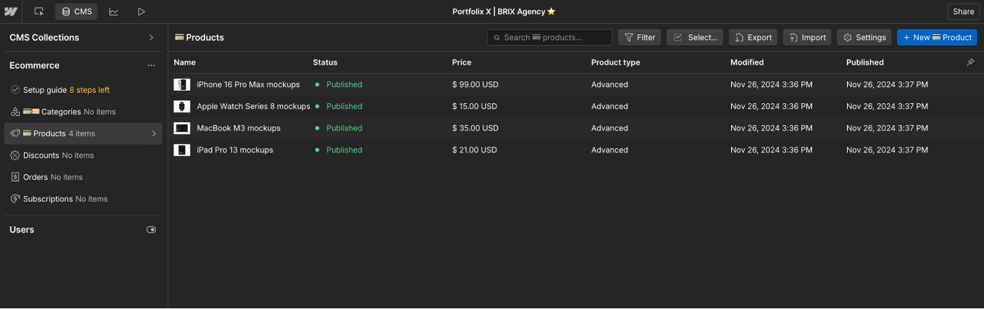 Ecommerce Collection - Portfolix X Webflow Template