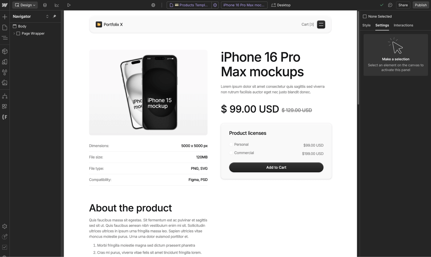 Ecommerce Page - Portfolix X Webflow Template