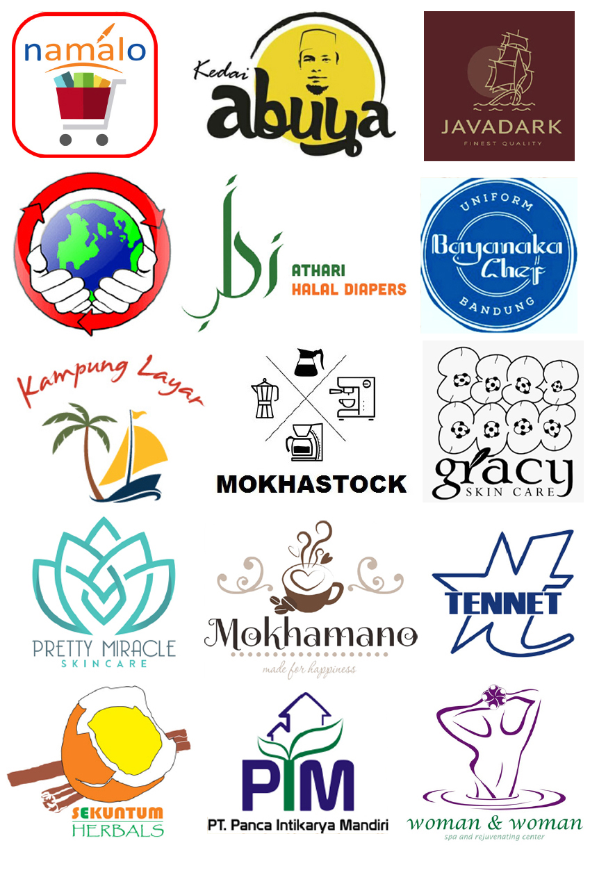Collage of 15 logos including Namalo shopping cart, Kedai Abuya with a man's face in a yellow circle, Javadark with a ship, globe held by hands with red arrows, Athari Halal Diapers in Arabic script, Banyanaka Chef uniform badge, Kampung Layar with a sailboat and palm tree, Mokhastock coffee equipment icons, Gracy Skin Care with floral design, Pretty Miracle Skin Care lotus, Mokhamano coffee cup with steam hearts, Tennet stylized text with an abstract shape, Sekuntum Herbals cracked nut, PT. Panca Intikarya Mandiri with leaves and house, and Woman & Woman spa silhouette.