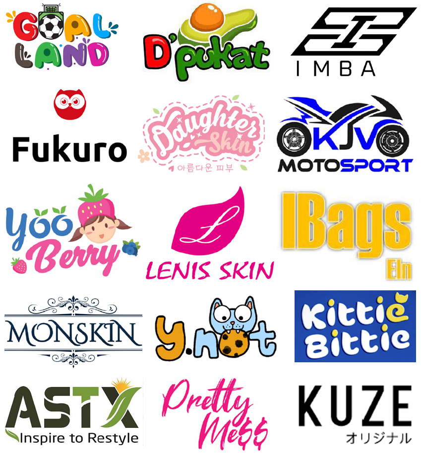 Grid of 15 colorful logos with various fonts and graphics for brands like Goal Land, D'Pukat, IMBA, Fukuro, Daughter Skin, KJV Motorsport, Yoo Berry, Lenis Skin, iBags, Monskin, Y Not, Kittie Bittie, ASTX, Pretty Mess, and Kuze.
