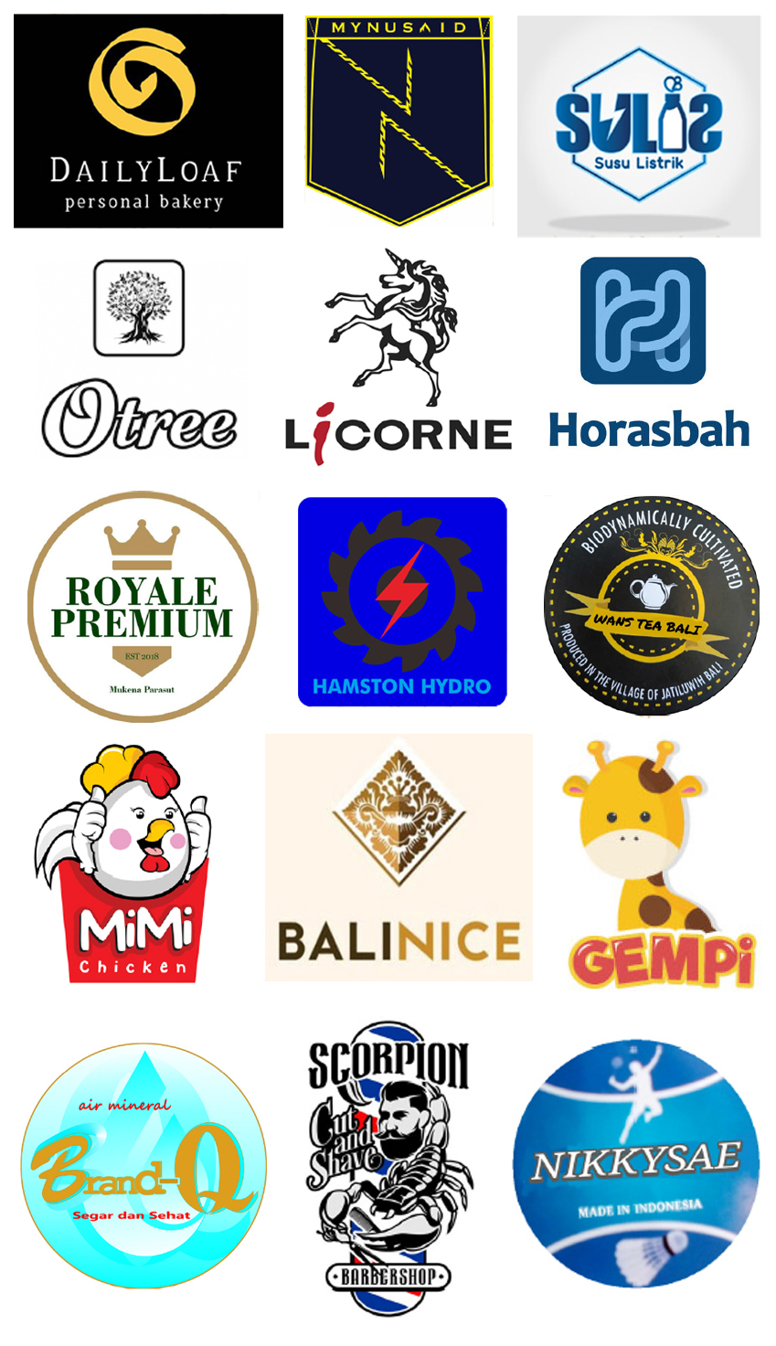 Collage of 15 diverse logos including DailyLoaf bakery, Mynusaid, Susu Listrik, Otree tree, Licorne unicorn, Horasbah, Royale Premium, Hamston Hydro, Wans Tea Bali, MiMi Chicken, BaliNice, Gempi giraffe, Brand-Q mineral water, Scorpion barber shop, and Nikkysae badminton.