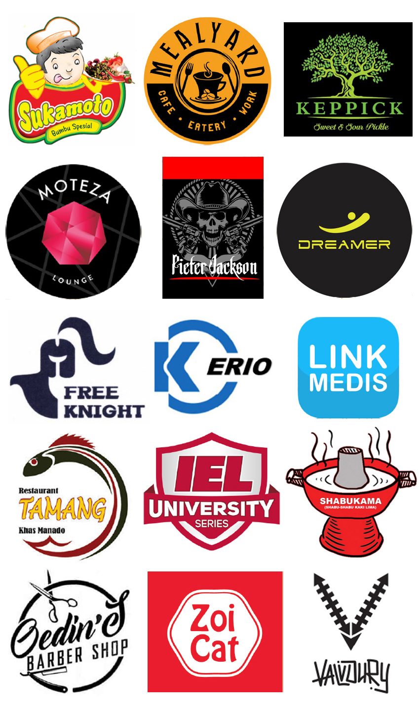 A grid of twelve colorful logos featuring brands such as Sukamoto Bumbu Spesial with a chef cartoon, Mealyar cafe, Keppick pickles, Moteza lounge, Pieter Jackson with a skull cowboy, Dreamer, Free Knight, Kerio, Link Medis, Restaurant Tamang, IEL University series, Shabukama hotpot, Gedin's Barber Shop, Zoi Cat, and Vaivzhury.