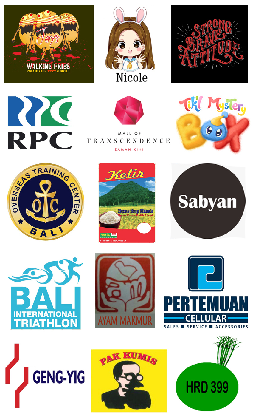 Collage of 15 diverse logos including Jay's Walking Fries, cartoon girl with bunny ears named Nicole, Strong Brave Attitude text, RPC, Mall of Transcendence, Tiki Mystery Boy, Overseas Training Center Bali, Kelir rice packaging, Sabyan, Bali International Triathlon, Ayam Makmur, Pertemuan Cellular, Geng-Yig, Pak Kumis silhouette, and HRD 399 with green plants.
