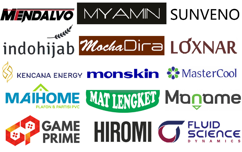 Collection of 16 brand logos including MENDALVO, MYAMIN, SUNVENO, indohijab, MochaDira, LOXNAR, KENCANA ENERGY, monskin, MasterCool, MAIHOME, MAT LENGKET, Maname, GAME PRIME, HIROMI, and FLUID SCIENCE DYNAMICS.