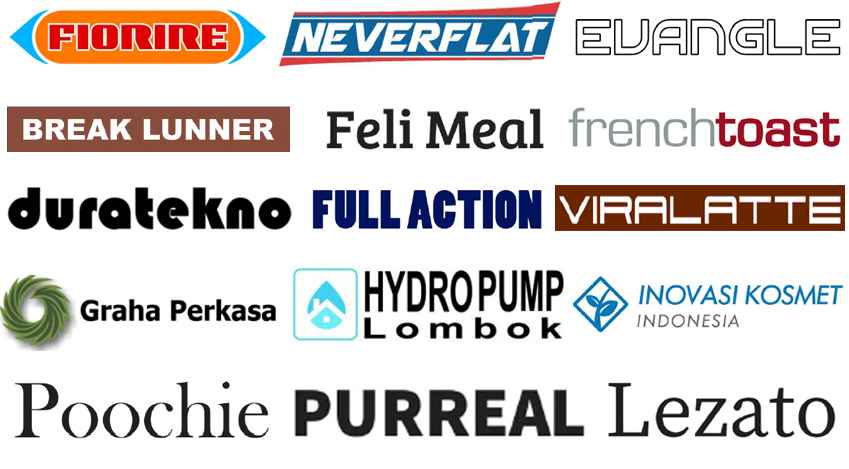 Collection of various brand logos including FIORIRE, NEVERFLAT, EVANGLE, BREAK LUNNER, Feli Meal, french toast, duratekno, FULL ACTION, VIRALATTE, Graha Perkasa, HYDRO PUMP Lombok, INOVASI KOSMET INDONESIA, Poochie, PURREAL, and Lezato arranged in rows.