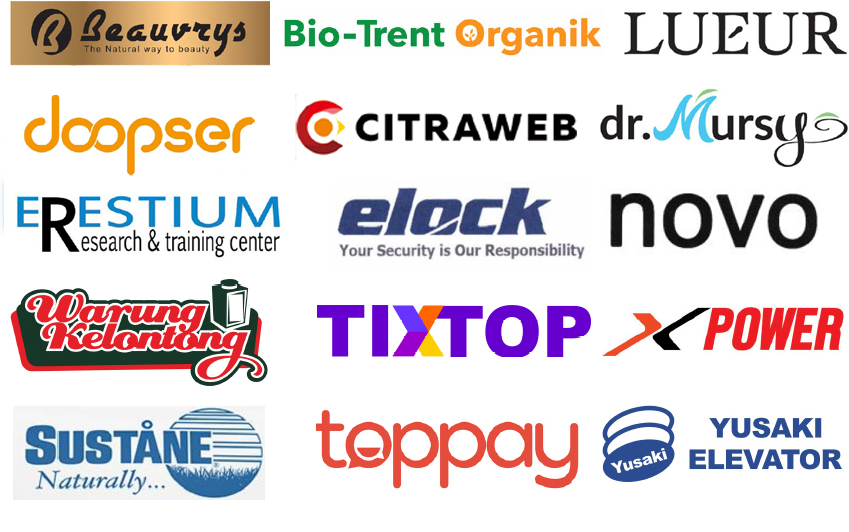 Collection of 15 diverse brand logos including Beauvrys, Bio-Trent Organik, LUEUR, doopser, CITRAWEB, dr. Mursya, RESTIUM research & training center, elock security, novo, Warung Kelontong, TIXTOP, X POWER, SUSTANE Naturally, toppay, and YUSAKI ELEVATOR.