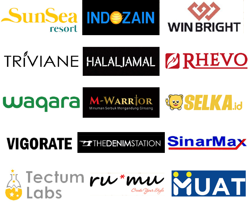 Grid of twelve logos including SunSea Resort, INDOZAIN, WIN BRIGHT, TRIVIANE, HALALJAMAL, RHEVO, waqara, M-WARRIOR with ginseng text, SELKA.id with a tiger face, VIGORATE, THEDENIMSTATION with an airplane icon, SinarMax, Tectum Labs with a beaker, ru*mu Create Your Style, and MUAT on a blue background.