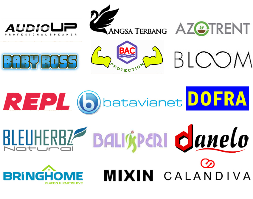 Grid of sixteen different company logos including Audioup, Angsa Terbang, Azotrent, Baby Boss, BAC Protection with two flexed arms, Bloom, Repl, Batavianet, Dofra, Bleuherbz Natural, Balisperi, Danelo, Bringhome, Mixin, and Calandiva.