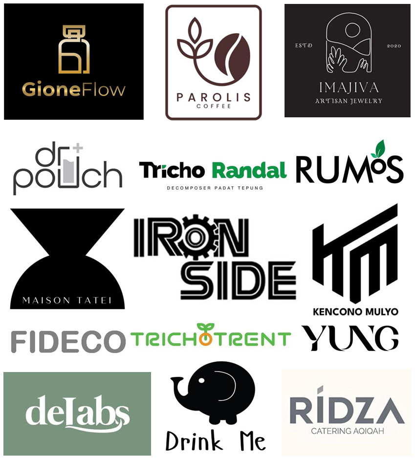 Collage of various company logos including GioneFlow, Parolis Coffee, Imajiva Artisan Jewelry, dr pouch, Tricho Randal, RUMOS, Maison Tatei, Iron Side, Kencono Mulyo, Fideco, Trichotrent, YUNG, delabs, Drink Me with an elephant, and RIDZA Catering Aqiqah.