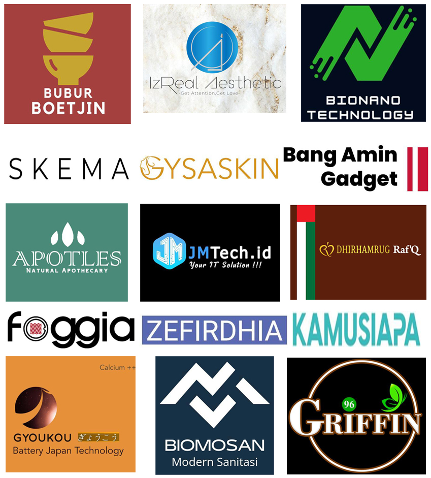 Collage of twelve company logos including Bubur Boetjin, IzReal Aesthetic, Bionano Technology, Skema Gysaskin, Bang Amin Gadget, Apotles Natural Apothecary, JMTech.id, Dhirhamrug Raf'Q, Foggia, Zefirdhia, Kamusiapa, Gyoukou Battery Japan Technology, Biomosan Modern Sanitasi, and Griffin 96.