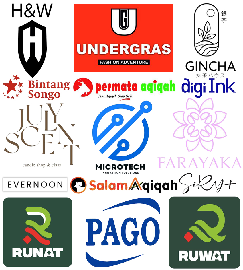 Collage of various logos including H&W, UNDERGRAS Fashion Adventure, GINCHA with Japanese characters, Bintang Songo with red stars, permata aqiqah with horse silhouette, digiInk in blue, JULY SCENT candle shop & class, MICROTECH innovation solutions with blue circuit design, FARAYAKA floral logo, EVERNOON, Salam Aqiqah, SiRY+ in script, RUNAT and RUWAT logos with green R shapes, and PAGO in blue text with swoosh lines.