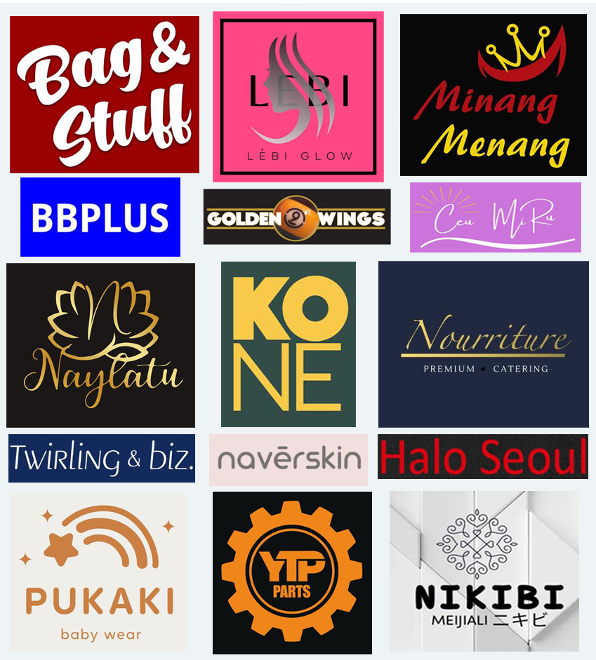 Grid of 15 colorful brand logos including Bag & Stuff, LEBI Glow, Minang Menang, BBPLUS, Golden Wings, Cow Mi Ru, Naylatu, KONE, Nourriture Premium Catering, Twirling & Biz, navérskin, Halo Seoul, PUKAKI baby wear, YTP Parts, and NIKIBI Meijiali.