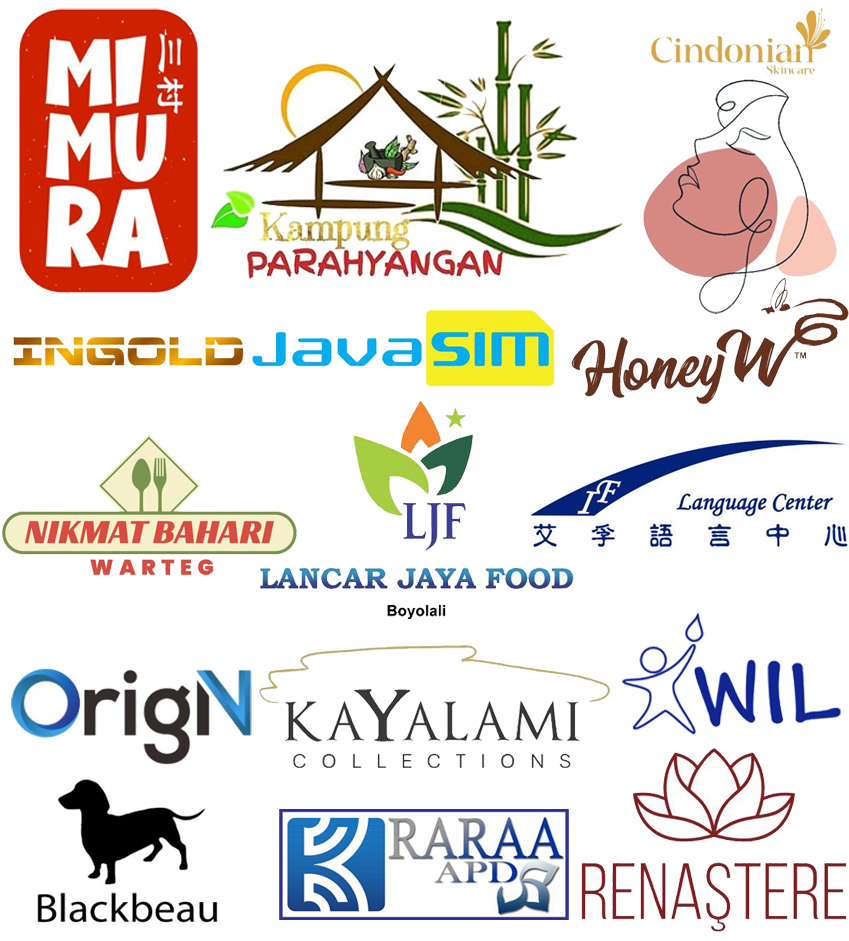 Collage of various company logos including Mi Mura, Kampung Parahyangan, Cindonian Skincare, Ingold Java SIM, HoneyW, Nikmat Bahari Warteg, LJF, IF Language Center, Origin, Kayalami Collections, WIL, Blackbeau, RARAA APD, and Renastere.