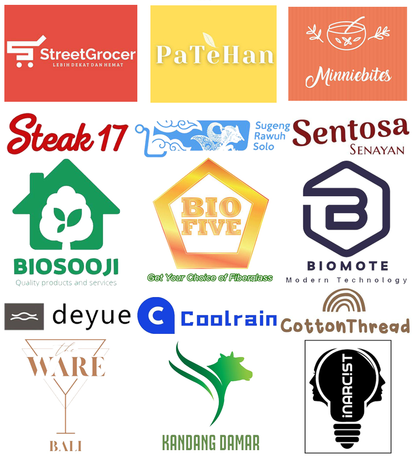 A grid of twelve logos from various brands including StreetGrocer, PaTeHan, Minniebites, Steak 17, Biosooji, Bio Five, Biomote, deyu, Coolrain, CottonThread, The Ware Bali, Kandang Damar, and Inaracist.