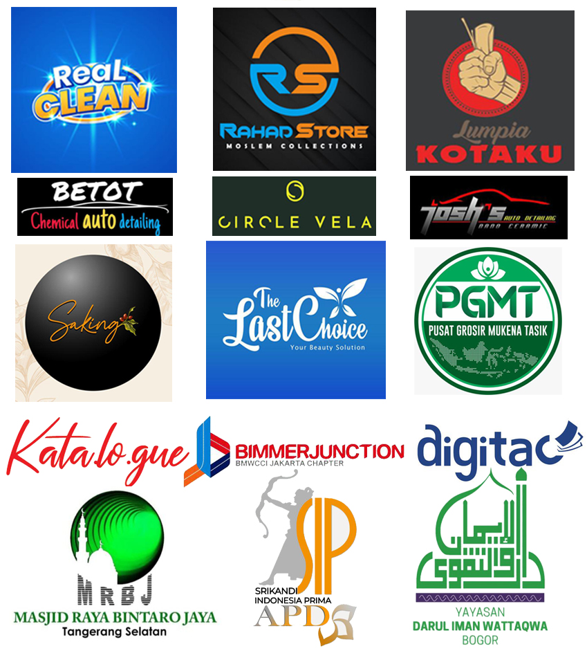 A collage of 15 logos including Real Clean, Rahad Store, Lumpia Kotaku, Betot Chemical Auto Detailing, Circle Vela, Josh's Auto Detailing, Saking, The Last Choice beauty solution, PGMT Pusat Grosir Mukena Tasik, Katalogue, Bimmerjunction BMWCCI Jakarta Chapter, Digitac, MRBJ Masjid Raya Bintaro Jaya, Srikandi Indonesia Prima APD, and Yayasan Darul Iman Wattaqwa Bogor.