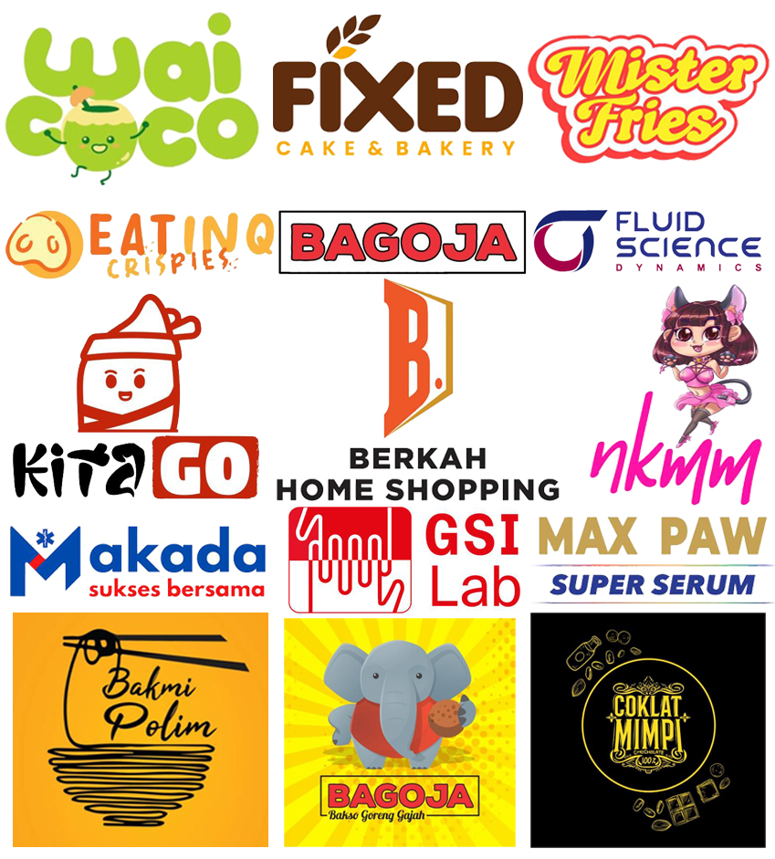 Collage of food, bakery, paw care, home shopping, and science company logos including Wai Coco, Fixed Cake & Bakery, Mister Fries, Eatingq Crispies, Bagoja, Fluid Science Dynamics, Kita Go, Berkah Home Shopping, nkmm, Makada, GSI Lab, Max Paw Super Serum, Bakmi Polim, Bagoja Bakso Goreng Gajah elephant mascot, and Coklat Mimpi chocolate.