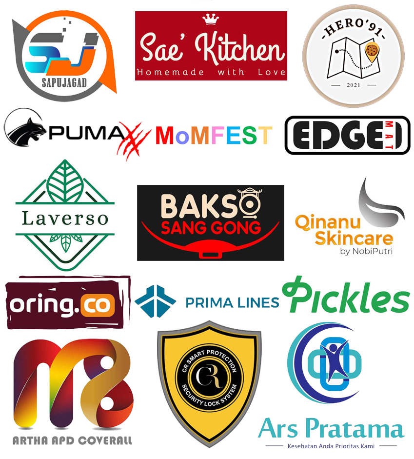 Collection of 15 different company logos arranged in a grid, including Sapujagad, Sae' Kitchen, Hero '91, Puma, Momfest, Edge Mat, Laverso, Bakso Sang Gong, Qinanu Skincare, Oring.co, Prima Lines, Pickles, Artha APD Coverall, CR Smart Protection, and Ars Pratama.