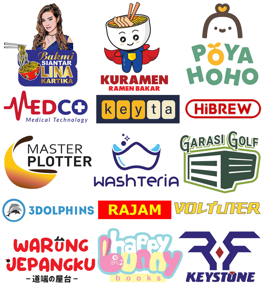 Collage of multiple business logos including Bakmi Siantar Lina Kartika with a woman and noodles, Kuramen Ramen Bakar with a bowl character, Poya Hoho with a penguin, Medco Medical Technology, keyta, HiBrew, Master Plotter, Washteria with a mask, Garasi Golf garage, 3Dolphins, Rajam, Voltuner, Warung Jepangku with Japanese text, Happy Bunny Books, and Keystone.