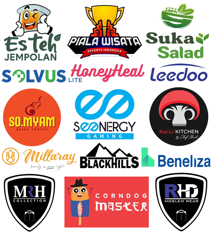 Collage of 15 diverse brand logos including Es Teh Jempolan, Piala Wisata Esports Indonesia, Suka Salad, Solvus Lite, HoneyHeal, Leedoo, So:Myam Bakso Tomyam, Seo Nergy Gaming, Kulli Kitchen by Chef Shzal, Millaray beauty logo, Black Hills mountain design, Beneliza, MRH Collection, Corndog Master with animated corndog, and RHD Moslem Wear.