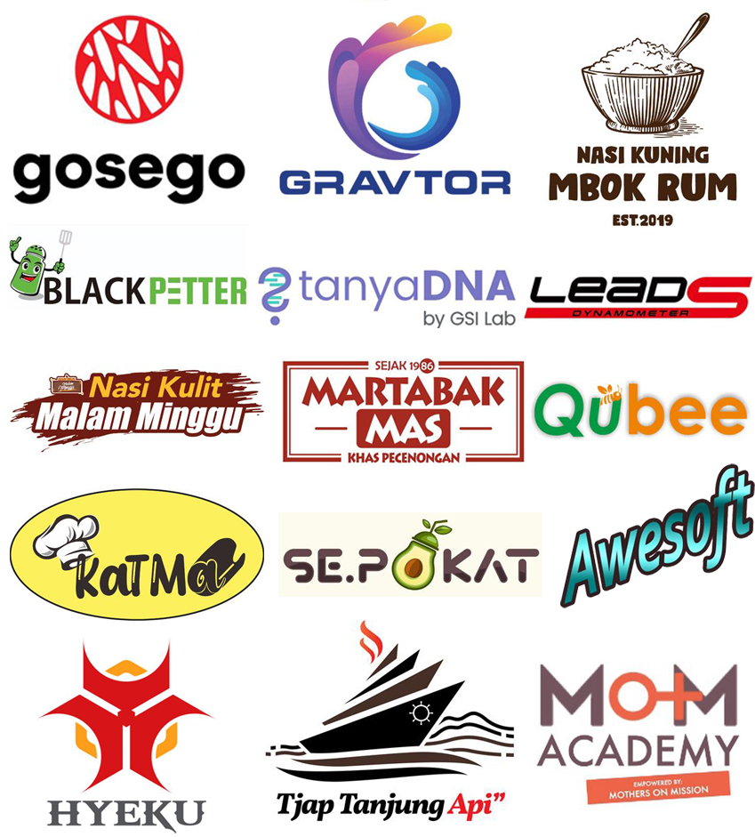 Collage of various company logos including Gosego, Gravtor, Nasi Kuning Mbok Rum, Black Petter, TanyaDNA by GSI Lab, Lead S Dynamometer, Nasi Kulit Malam Minggu, Martabak Mas, Qubee, KatMa, Sepokat, Awesoft, Hyeku, Tjap Tanjung Api, and MOM Academy.