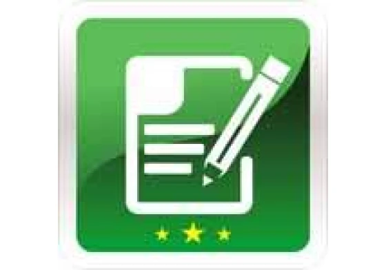 Icon of a white paper and pencil on a green square background with three yellow stars below.