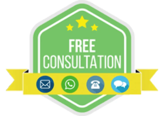 Green badge with three stars and the text 'Free Consultation' above a yellow ribbon displaying email, WhatsApp, phone, and chat icons.