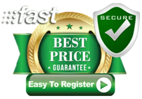 Badge with gold ribbon stating Best Price Guarantee, a green shield with a checkmark labeled Secure, and a green button saying Easy To Register.