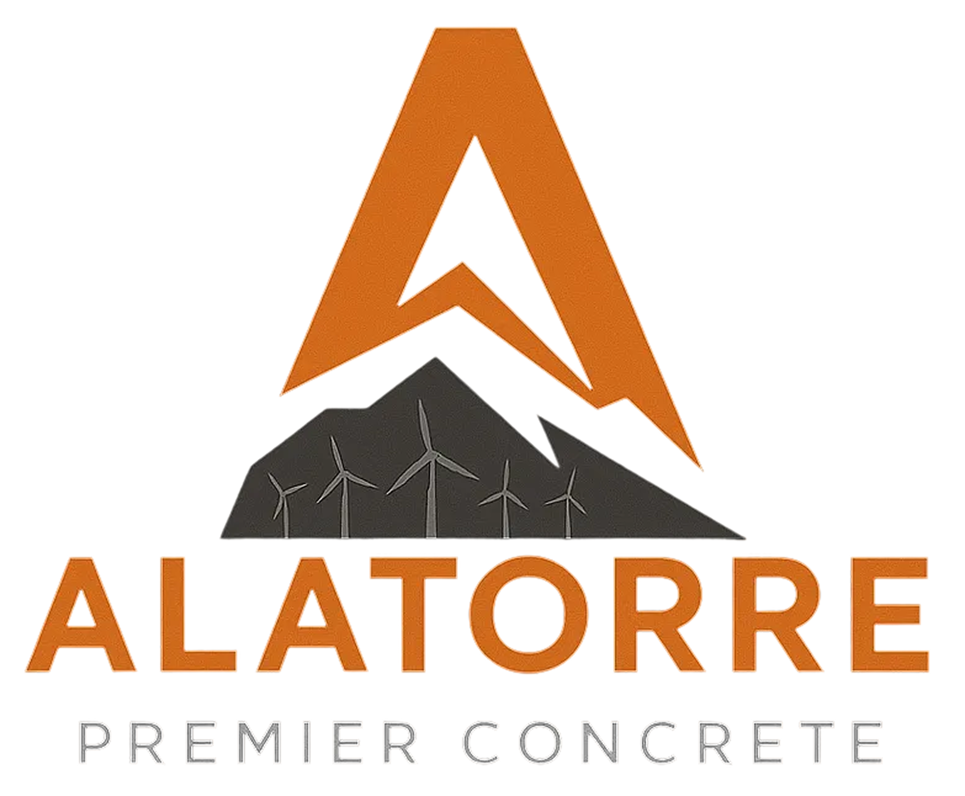 Alatorre Premier Concrete logo with an orange stylized 'A' above dark mountains with wind turbines.