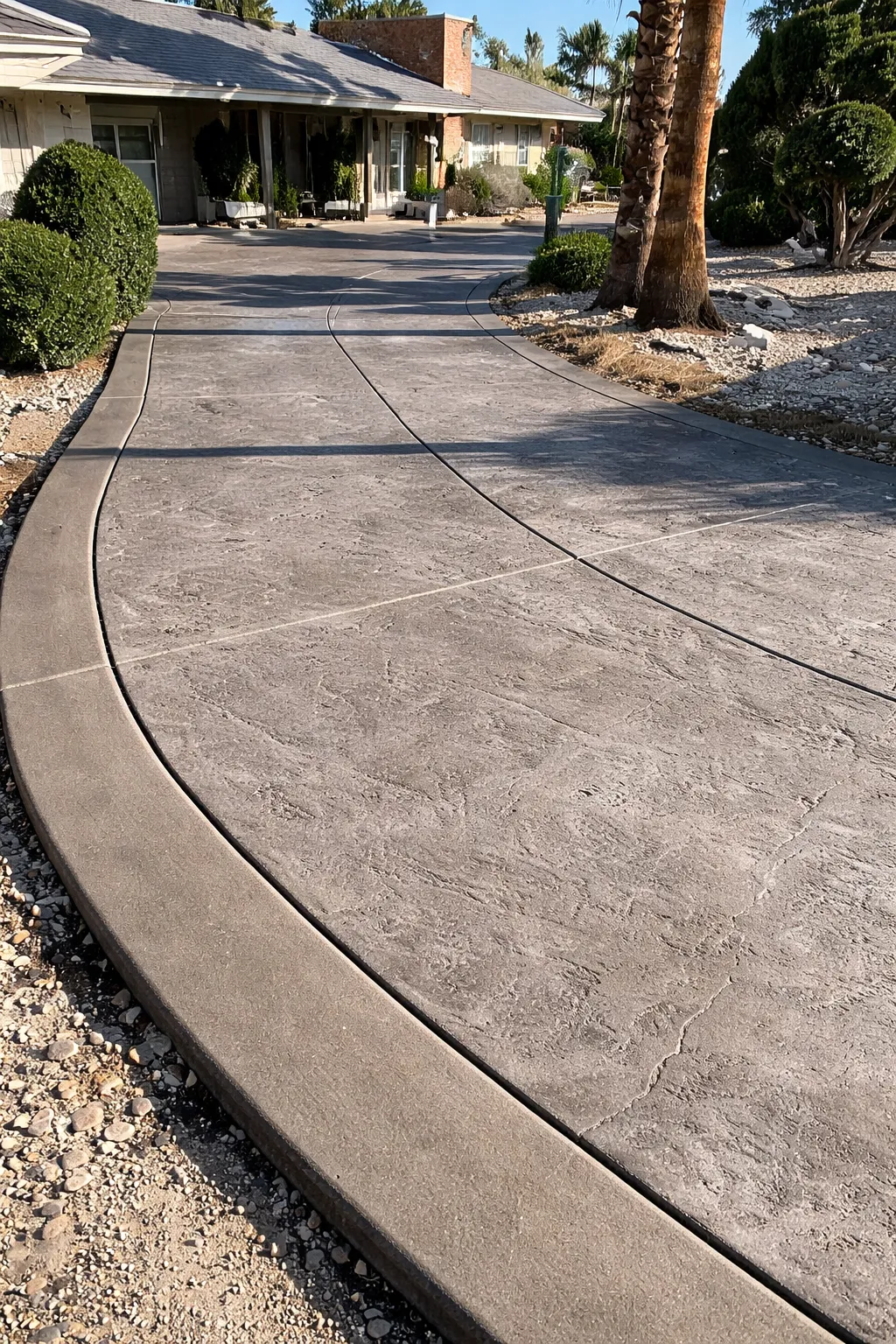 Curved stamped concrete driveway with textured surface and expansion joints.